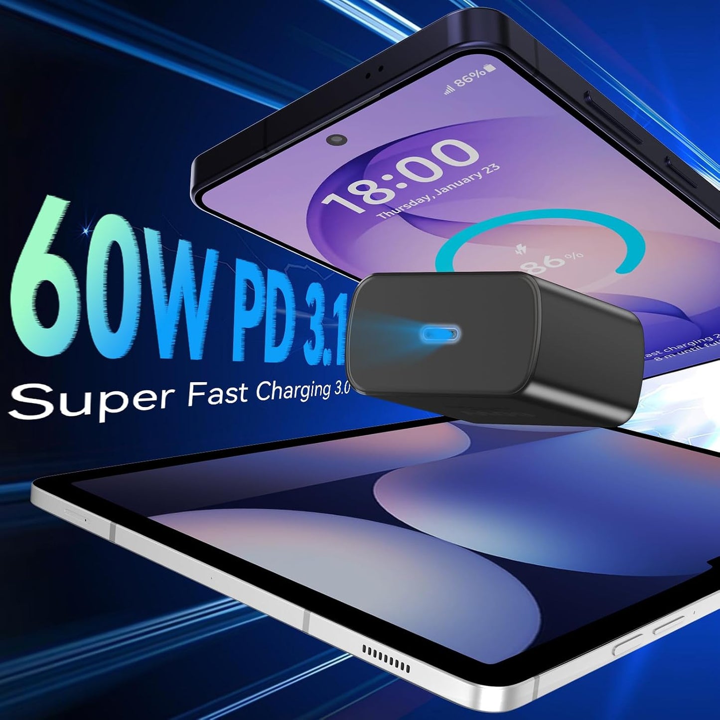 60W USB C Super Fast Charger Type C Android Phone Charger Fast Charging Block with 10ft USB-C to USB-C Cord Compatible with Samsung Galaxy S26 Ultra/S26/S26+/S25/S25 Ultra/S25+/S24, iPhone, iPad