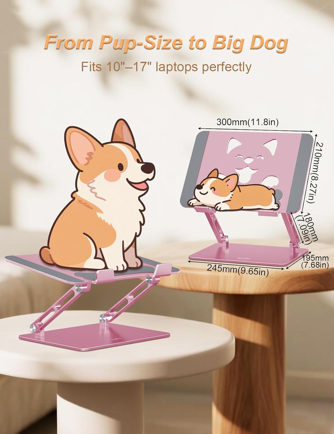 Aoviho Aluminum Laptop Stand for Desk Fit for All 10"-17.3" Laptops, Pink | Height-adjustable Notebook Holder, Ergonomic Computer Riser with Unique Puppy Cooling Vent, for Mac, Dell, Lenovo, HP