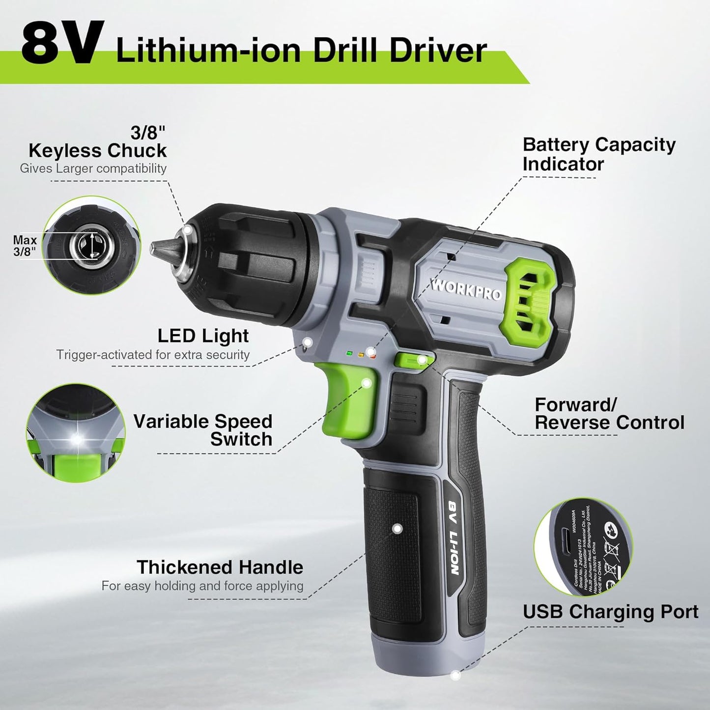 WORKPRO Power Drill Bit Set with Tool Box, 8V Cordless Drill Driver | Cordless Screwdriver Kit, 21pcs Accessories, 3/8" Keyless Chuck, 2.0Ah Battery, Portable for DIY