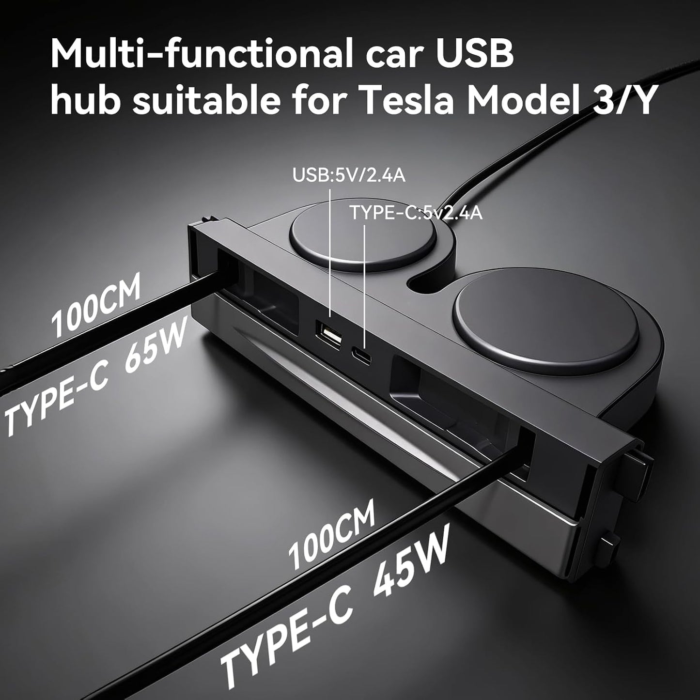 130W USB Hub for Tesla Model 3 Highland 2024 2026 Model Y Juniper 2025 2026, 65W+45W Dual Type-C Retractable Cables 4 in 1 Multi Port Fast Charger Docking