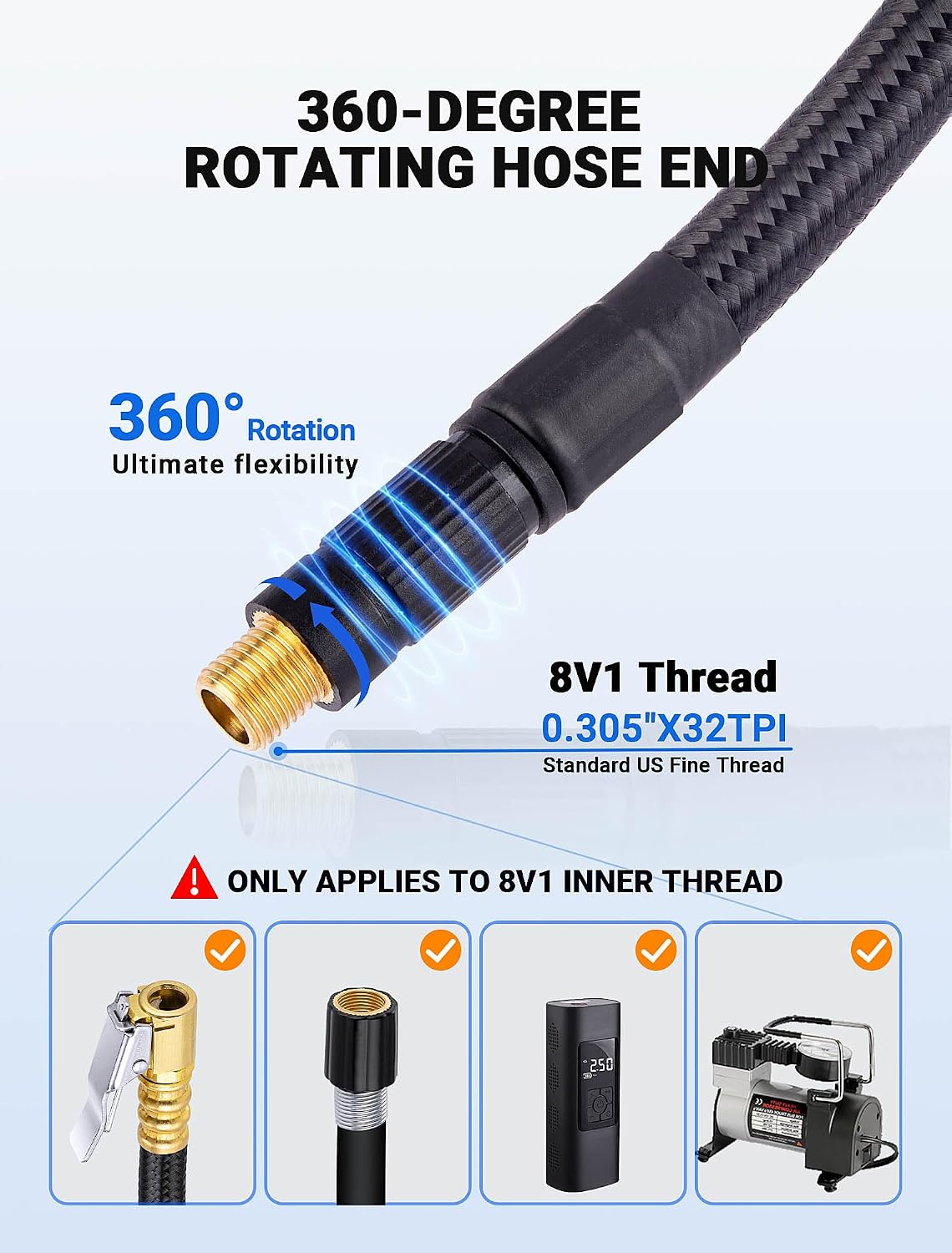 Upgraded Tire Inflator Hose Adapter w/360° Rotating End, 21'' Tire Inflation Hose w/Self-Locking Air Chuck for Quick Connect & Release, Presta Valve & Ball Needle for Tire Pump Portable Air Compressor