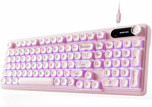 EWEADN V102 Wired Keyboard, 98 Keys Creamy Gaming Keyboard with Number Pad, Display Screen & Media Knob RGB Silent Wired Cute Computer Keyboard for Laptop PC Gamer - Pink