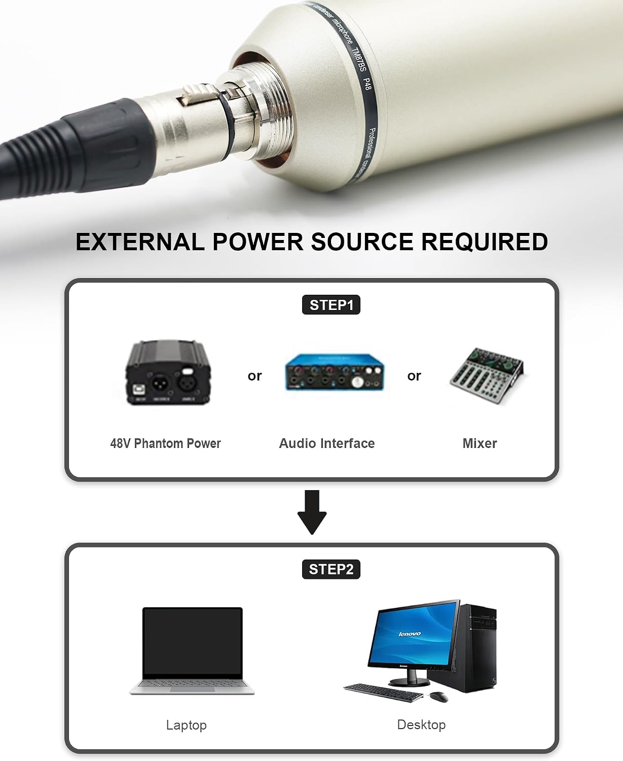 XLR Microphone, Professional Condenser Microphone with 34mm Large Diaphragm, Cardioid Studio Recording Mic Computer Gaming PC TM87KB Mic Kit for Singing, Podcasting, YouTube (Silver)