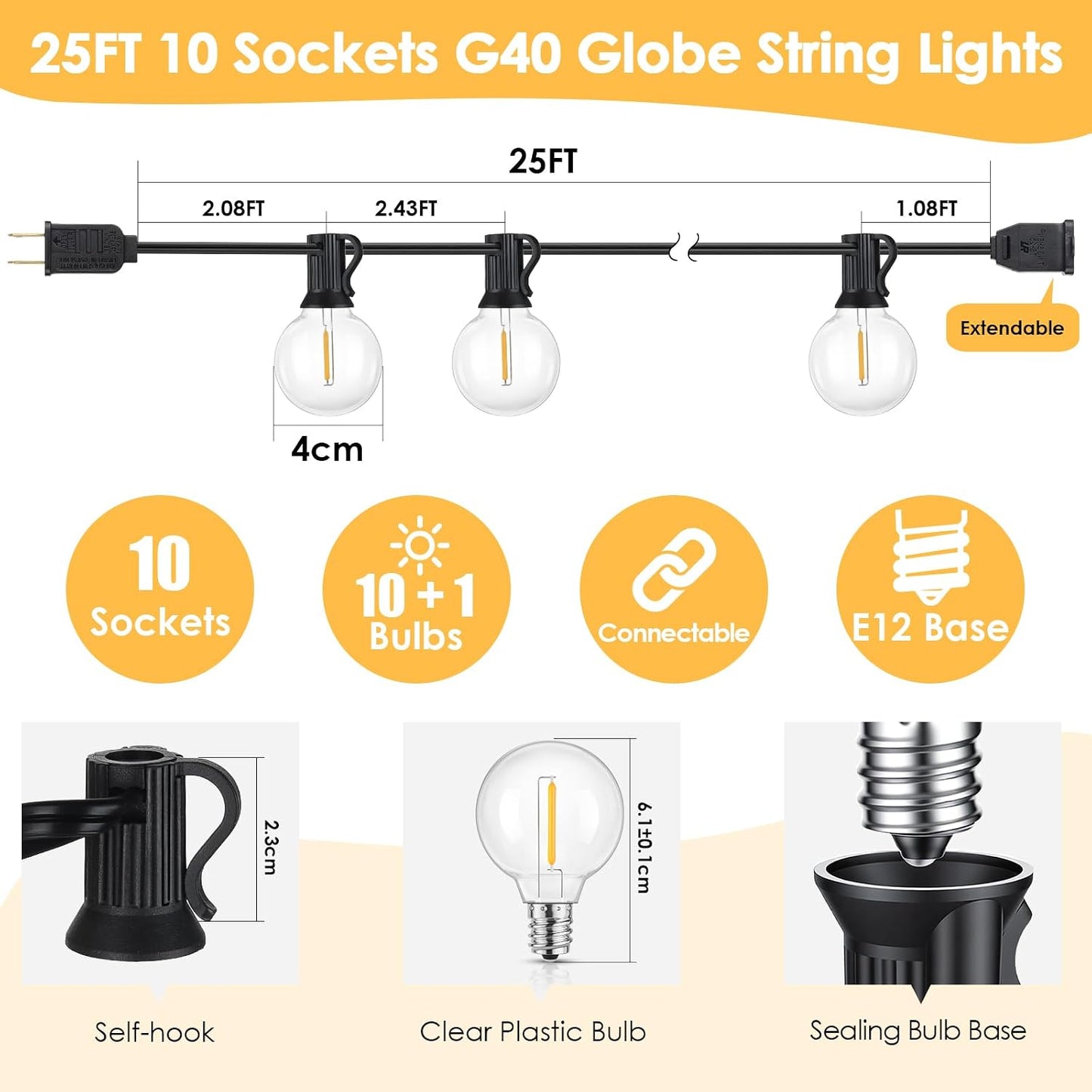 25FT G40 LED Outdoor String Lights with 10+1 Bulbs, Plug-in, Black | Waterproof, Shatterproof, Dimmable, Connectable, Energy-saving, Patio Lights Porch Balcony Backyard Party Classroom Decor