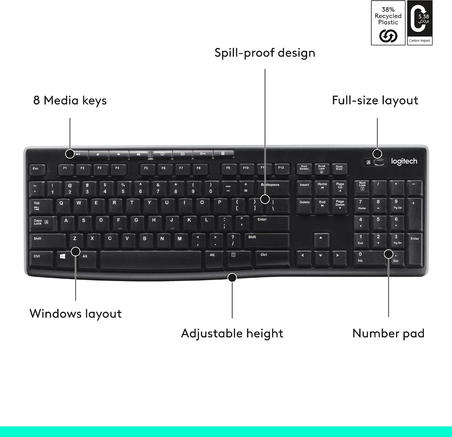 Logitech K270 Full Size Wireless Keyboard for Windows - Black | Full-size keyboard with number pad, 8 multimedia keys, includes USB-A receiver, 2-year battery, compatible with PC, laptop