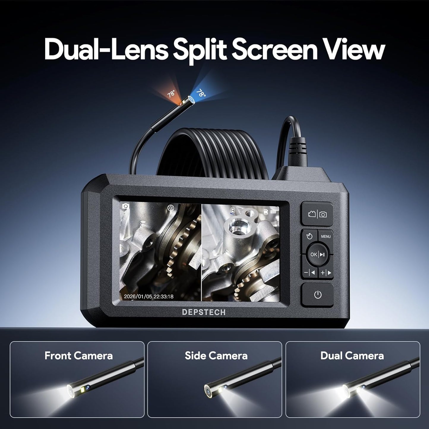 DEPSTECH Endoscope Camera with Light, Dual Lens Inspection Borescope 16.5FT | 1080P HD, 4.3" IPS Split Screen, Photo & Video, Semi-Rigid Cable, IP67 Waterproof, for Automotive, HVAC, Plumbing, Mechanic