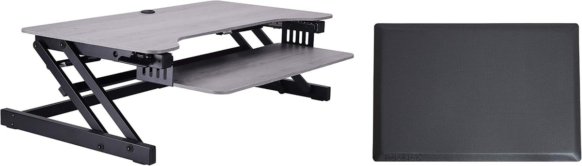 Rocelco 37.5" Height Adjustable Standing Desk Converter with Anti Fatigue Mat Bundle - Slide Out Retractable Keyboard Tray - Sit Stand Dual Monitor Riser - Computer Workstation - Gray (R DADRG-MAFM)