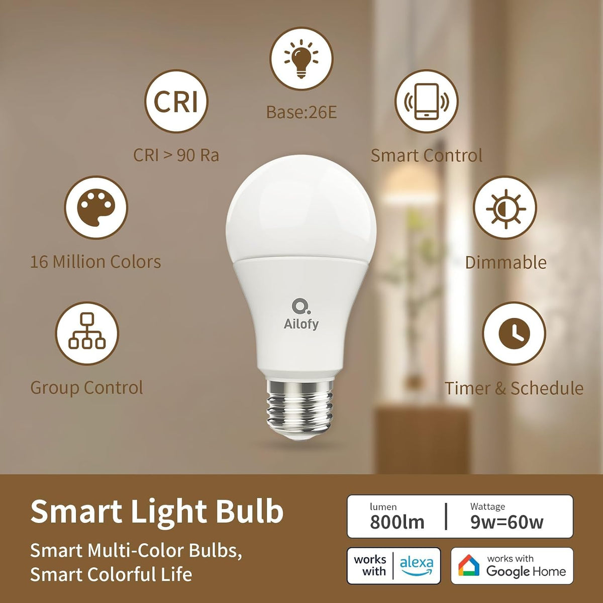 Ailofy LED Smart Light Bulbs, 16M Color Changing Dimmable, Compatible with Alexa & Google Assistant, RGBCW Colored Bulb, WiFi Light Bulbs, A19 E26, 9W 800LM, 1800K-6500K Tunable White, 4 Pack