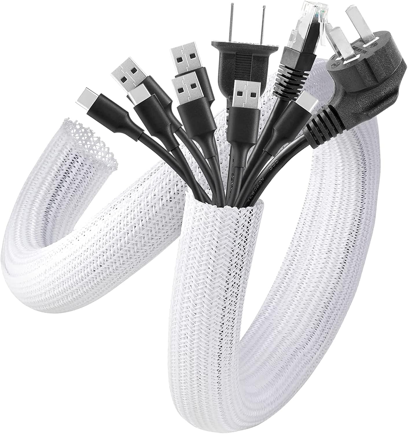 AGPTEK White Cable Sleeve, 2 Pack 5ft - 1.2 Inch Cable Management Cord Hide | Desk Cord Cover Organizer Wire Hider for Office Computer TV Wire Loom Tubing Pet-Proof Cord Protector from Cat Dog Chewing