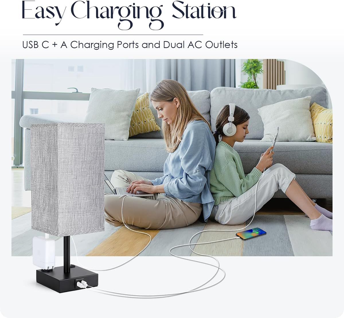 Bedside Table Lamps Set of 2 - Touch Nightstand Lamp for Bedroom with USB C+A Charging Ports & AC Outlets, 3-Way Dimmable Desk Lamp Grey Fabric Shade for Bedroom Living Room, Office(Bulb Included)
