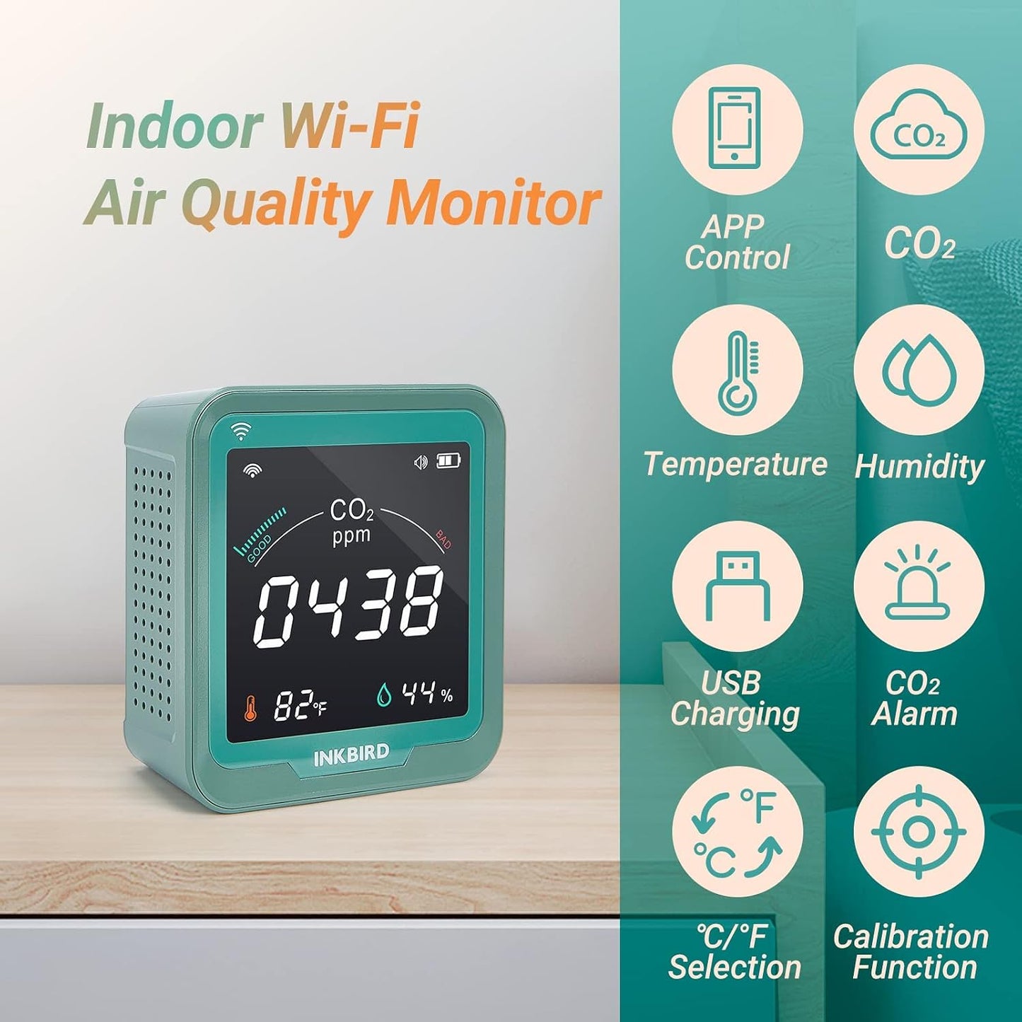 INKBIRD WiFi Air Quality Monitor Indoor Smart NDIR Sensor Detector for CO2 | Battery Powered and Data Logger, Detector for Carbon Dioxide & Temperature & Humidity | for Home, Office, Grow Tent, Cellar