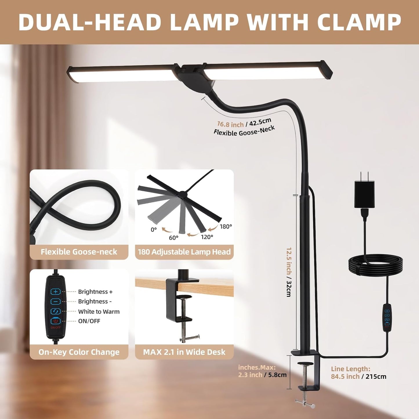 LED Desk Lamp for Home Office, Double Head Desk Light with Clamp | 3 Modes 10 Brightness, Long Flexible Goose-Neck, Eye-Caring, Memory Function, Energy Efficient, USB Adapter, Metal, Black