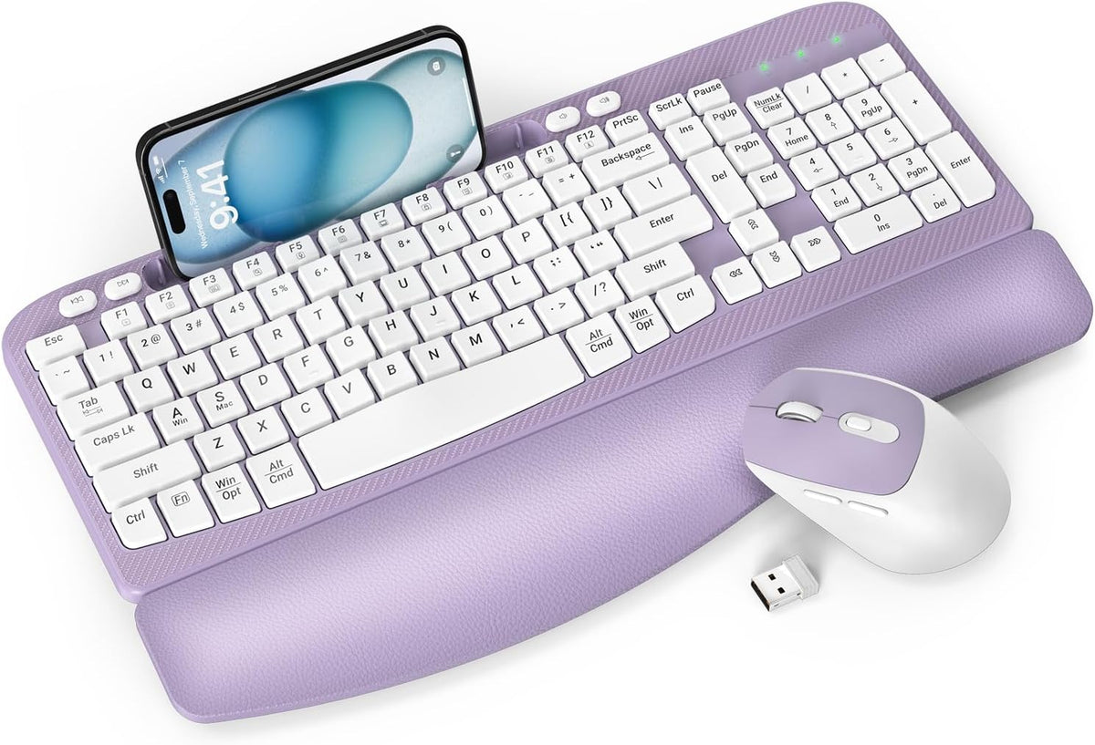 Wireless Keyboard and Mouse Combo, Full-Sized Ergonomic Wave Keys Keyboard with Memory Foam Wrist Rest & Phone Holder, 2.4G Quiet Keyboard Mouse Work Setup for PC Laptop, Office or Home (Purple)