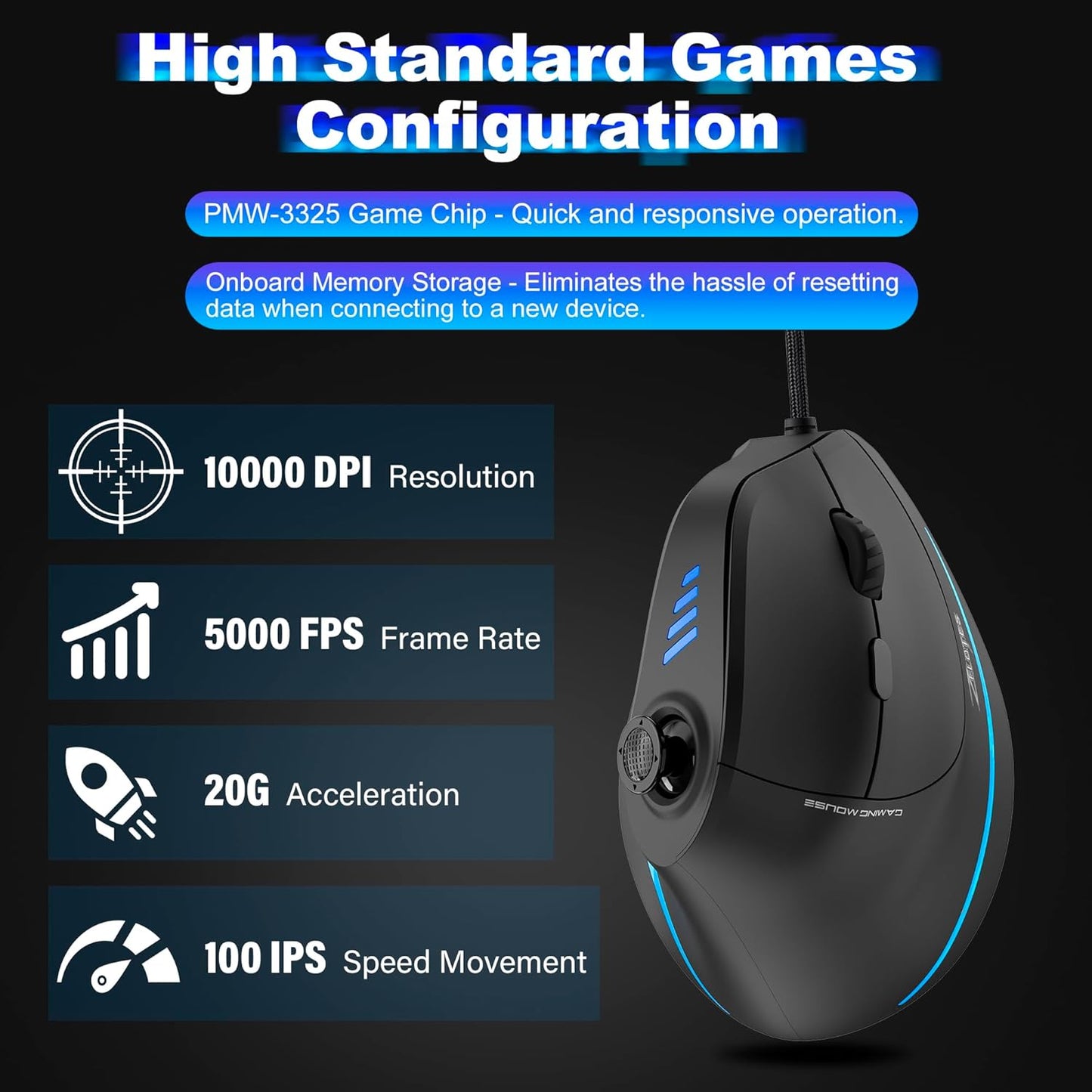 TRELC Wired Gaming Mouse with 5 D Rocker, 10000 DPI/11 Programmable Buttons, Vertical Ergonomic Mouse with On-Board Memory, Optical Computer Mice for PC/Laptop/E-Sports/Gamer