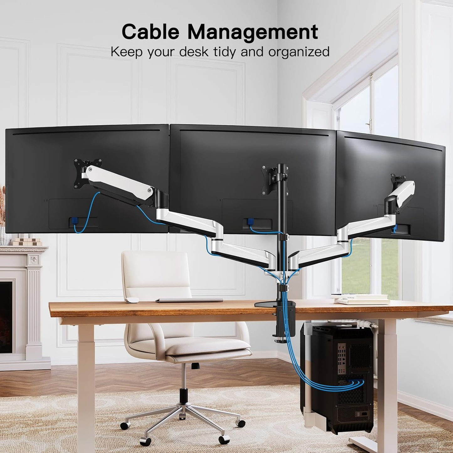 HUANUO Triple Monitor Stand - Full Motion Articulating Monitor Mount Fit Three 17 to 32 inch LCD Computer Screens with Clamp, Grommet Kit