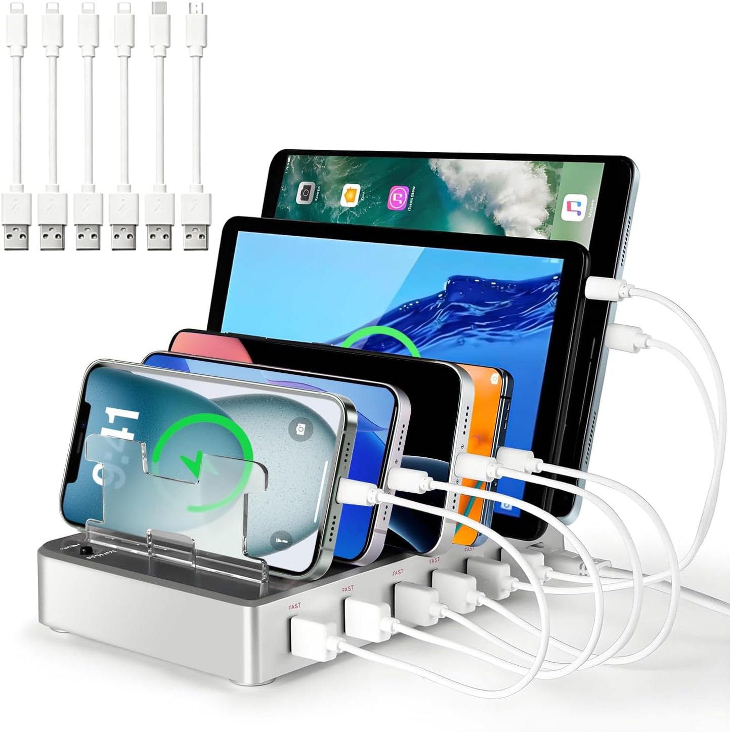 300W Fast Charging Station for Multiple Devices, 6 Port USB Charging Hub, Universal Desktop Charger Organizer Compatible with iPhone iPad Android Phones Tablets Kindle Home Office Travel