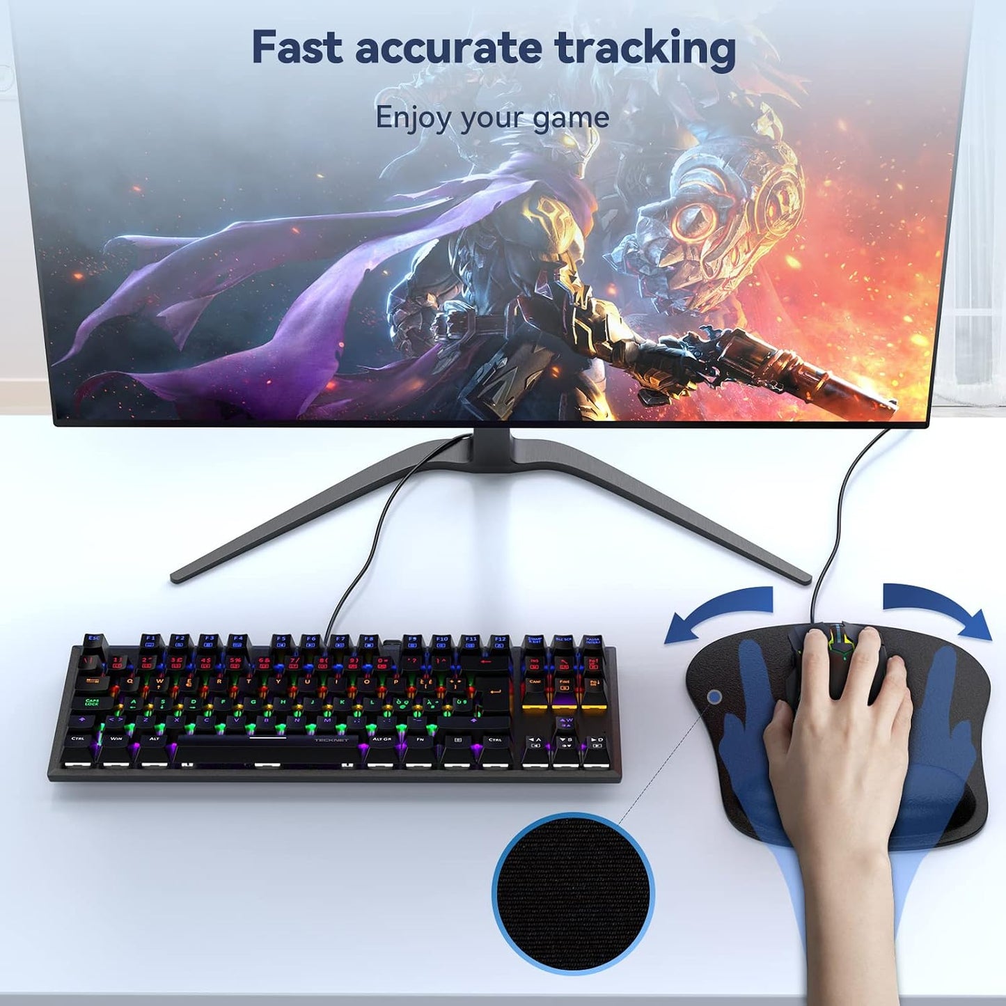 TECKNET 2 Pack Gaming Ergonomic Mouse Pad with Wrist Support Black | Soft Memory Foam, Fast Rebound, Pain Relief，Waterproof Surface, Non-slip Base
