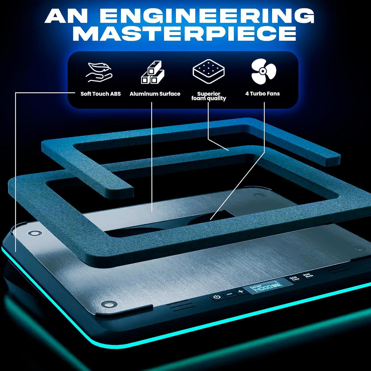 Turbofrost Gaming Laptop Cooling Pad, 17in, RGB Lighting, 4 Turbo Fans