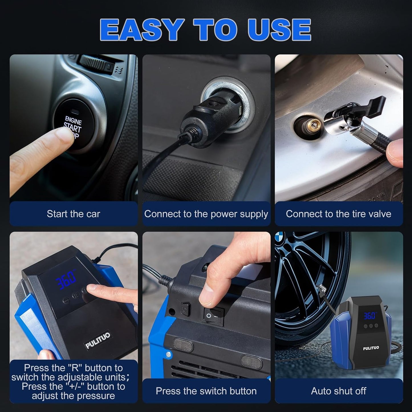 12V DC Tire Inflator - Portable Air Compressor 35L/min, 150 PSI Car Tire Pump with Auto Shut Off, Digital Pressure Gauge and LED Light, Blue
