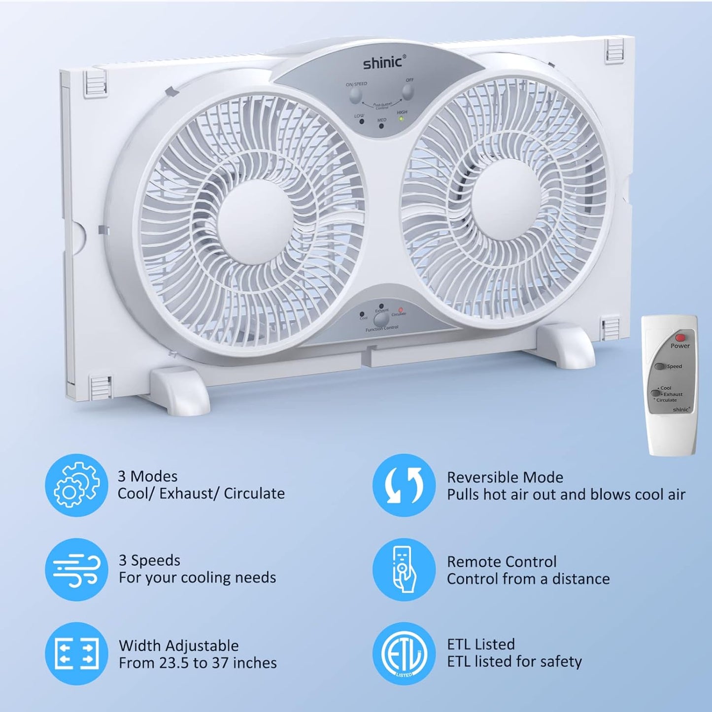 shinic 2026 9 Inch Twin Window Fan – Quiet, Reversible Airflow, with Removable Cover and Bug Screen, 3 Speeds, Adjustable Width 23.5"-37", ETL Certified for Bathroom/Kitchen, ETL Certified