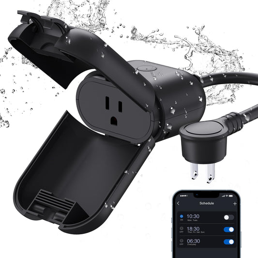ELEGRP PQR10 Outdoor Smart Plug Waterproof IP66, WiFi Plug Compatible with Alexa & Google Assistant, Smart Outdoor Outlet for String Lights, No Hub Required, 1875 Max, UL Certified, 1 Pack, Black