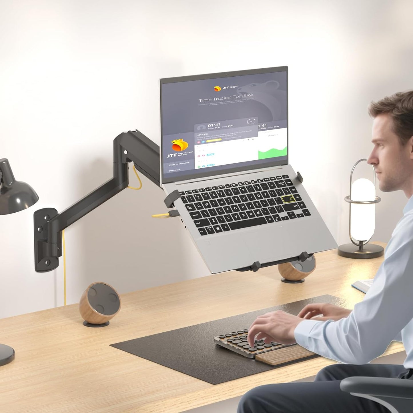 WALI Laptop Wall Mount for 17" Notebook and Up to 32" Screen | Full Motion Adjustable Monitor Wall Arm with Laptop Tray, VESA 75x75/100x100mm, Up to 15.4-22 Lbs (GSWM001LP), Black