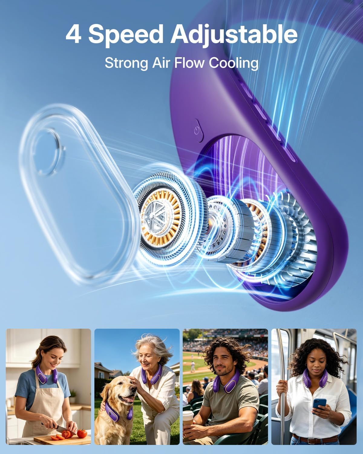 SHEWIND Portable Neck Fan - 5000mAh Rechargeable Hands-Free Wearable Fan | 4 Speeds, Bladeless & LED Display | Personal Cooling Fan for Travel, Outdoors, Camping - Purple
