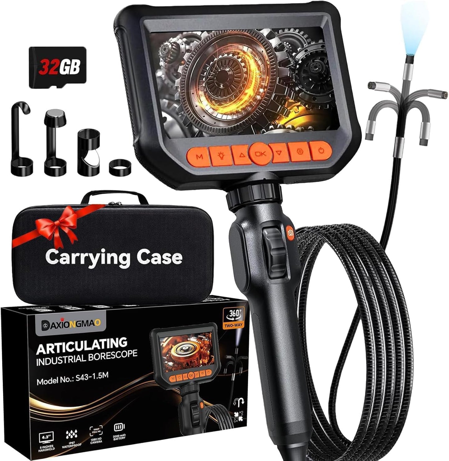 Daxiongmao Endoscope Camera with Light, Dual Lens 1080p HD Borescope, IP67 Waterproof Snake Camera – Ideal for Inspecting Walls, Vents, Automotive Engines, Pipes – A Great Tool Gift for Men (16.4ft)