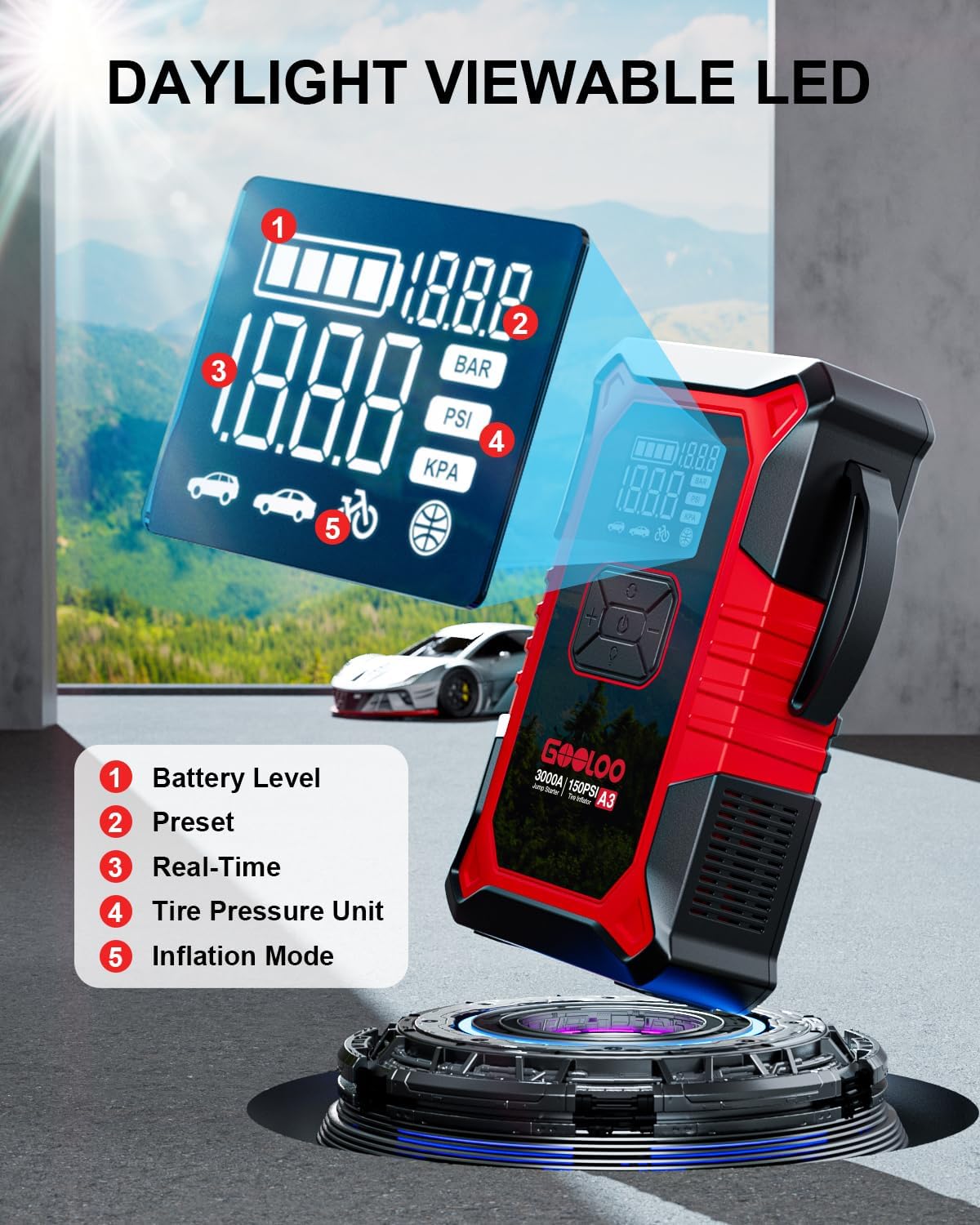 GOOLOO A3 12V 3000A Portable Jump Starter with Air Compressor | Supersafe Car Battery Booster Pack (9L Gas/6.5L Diesel) - BOOST for Dead Battery - 150 PSI Auto-Off Tire Inflator - LED Light