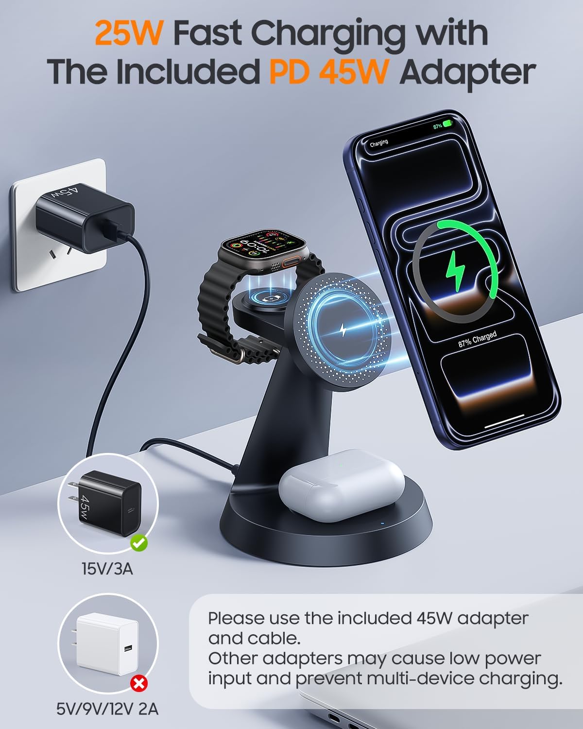 Meifigno 25W Fast 3 in 1 Charging Station for Apple Multiple Devices | 25W Magnetic Charger for iPhone 17/16, Compatible with MagSafe, with 45W Adapter, Watch Charger Stand for iWatch & Airpods