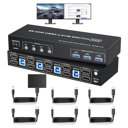 2 HDMI Port KVM Switch Box for 4 Computers Share 2 Monitors, LUKFOCAB Dual Monitor with 3 USB 3.0 Ports, Support 4K@60Hz Copy Extended Splicing Display, Button Controller & 4 USB Cables Included