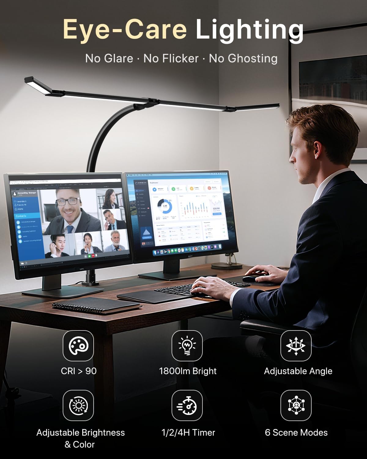 ONEMIX LED Desk Lamp with Clamp, 42-Inch 4-Panel Light for Dual Monitors | 1800 Lumens, 4 Adjustable Panels, 5 Color Temps, 5 Brightness Levels, Remote, Timer, Flicker-Free for Home Office