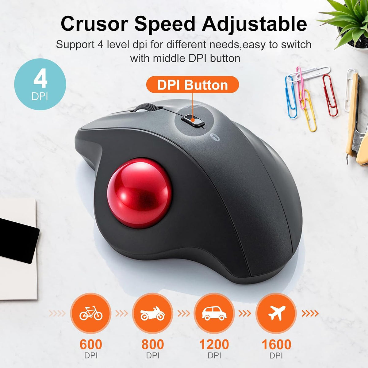 SANWA Bluetooth Trackball Mouse, Wireless Silent Click Roller Ball Mouse, Programmable with Software, 600/800/1200/1600 DPI, Precise Thumb Control, Compatible with Win, Mac, Laptop, PC - Red Ball