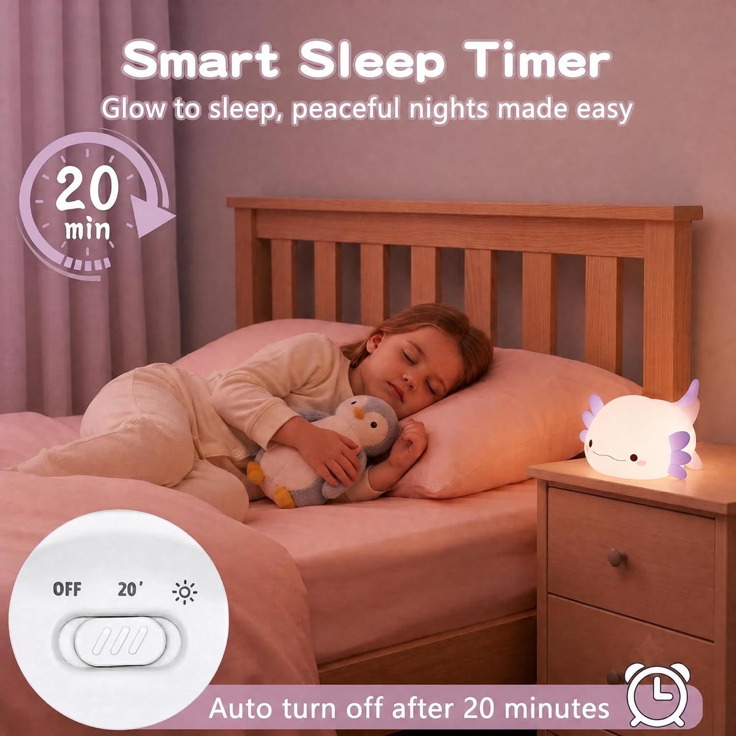 Purple Axolotl Night Light for Kids, Squishy Silicone Nursery Lamp | Touch Control, 24-Hour Battery, 20-Min Timer, 3000K Warm LED, BPA-Free Silicone, Baby Nursery Decor, Gift for Kids