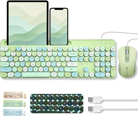 X9 Wired Keyboard and Mouse Combo - Retro Typewriter Keyboard with Round Keycaps, Soft White Backlight, Phone Dock, 109 Full-Size Keys, Cute Wired Green Keyboard and Mouse for Laptop, PC & Chromebook