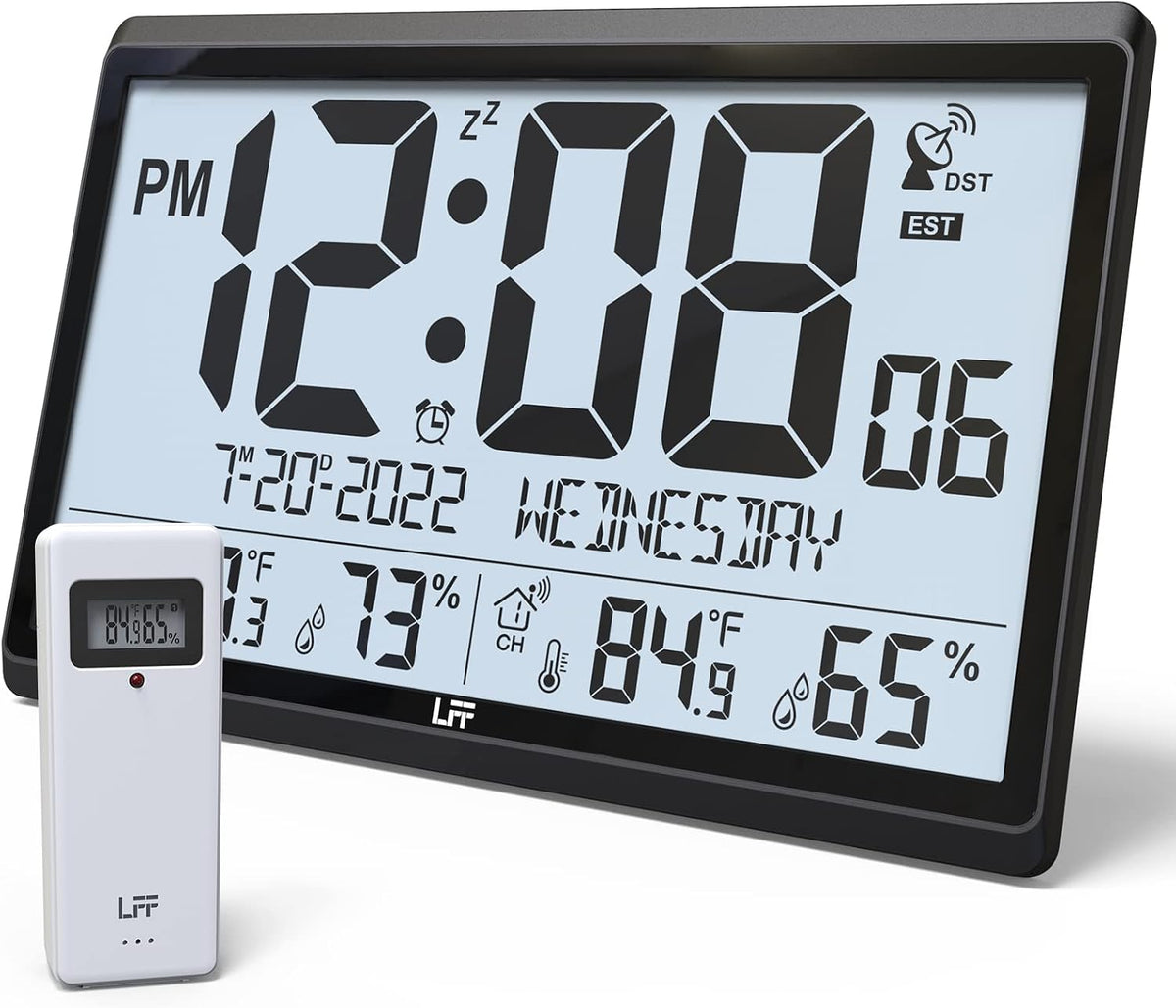 LFF Atomic Clock/Never Needs Setting, Digital Wall Clock with Indoor Outdoor Temperature & Humidity, Battery Operated, Wireless Outdoor Sensor, Atomic Wall Clock with 4.5" Numbers Easy-to-Read