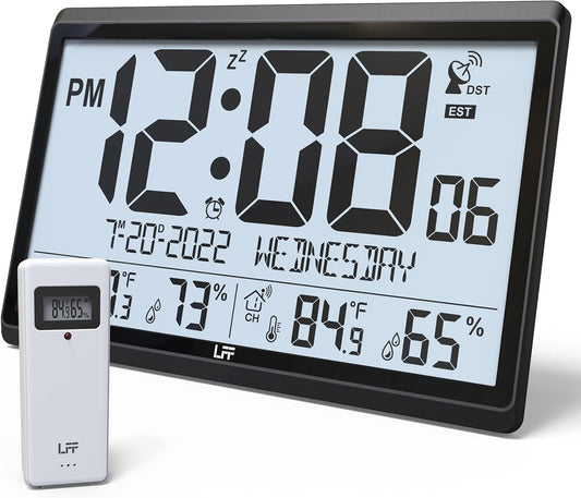 LFF Atomic Clock/Never Needs Setting, Battery Operated, Atomic Wall Clock with Indoor/Outdoor Temperature & Humidity, Wireless Outdoor Sensor, 15" Digital Wall Clock with 4.5" Numbers Easy-to-Read