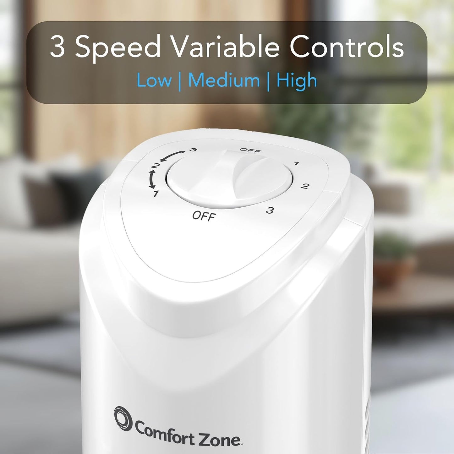 Comfort Zone 32-Inch Oscillating Tower Fan – Ultra-Slim Bladeless Design with 3 Speeds, 90° Wide Oscillation & Built-in Carry Handle – Quiet Portable Standing Fan for Bedroom, Home, or Office, White