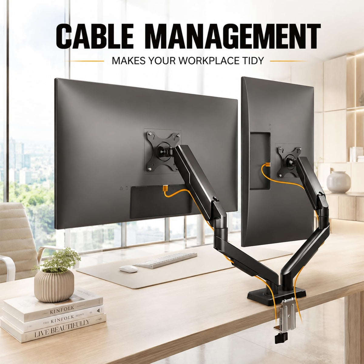 Dual Monitor Arm, Gas Spring VESA Mount Stand for 13‑32 Inch Computer Screens, Full Motion Fully Adjustable with C‑Clamp & Grommet Mounting Base, Each Arm Holds 4.4‑19.8 lbs