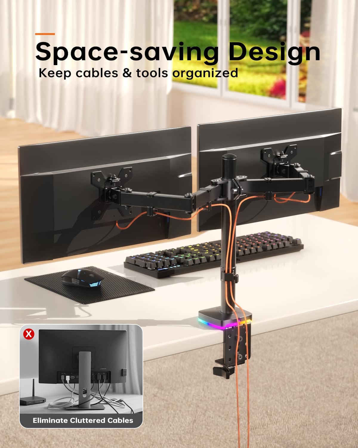 Afaloona RGB Dual Monitor Arm with USB Hub, Desk Mount for 13-27" Monitors
