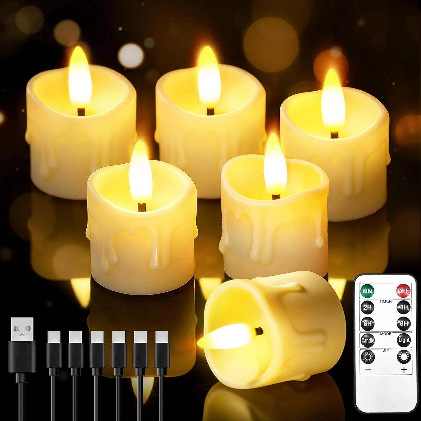 6 Pack Rechargeable Flameless Candles with Remote Timer | 1.5"x2" LED Tea Lights Flickering Small Candles Battery Operated Votive Fake Candles for Halloween Wedding Party Table Decor