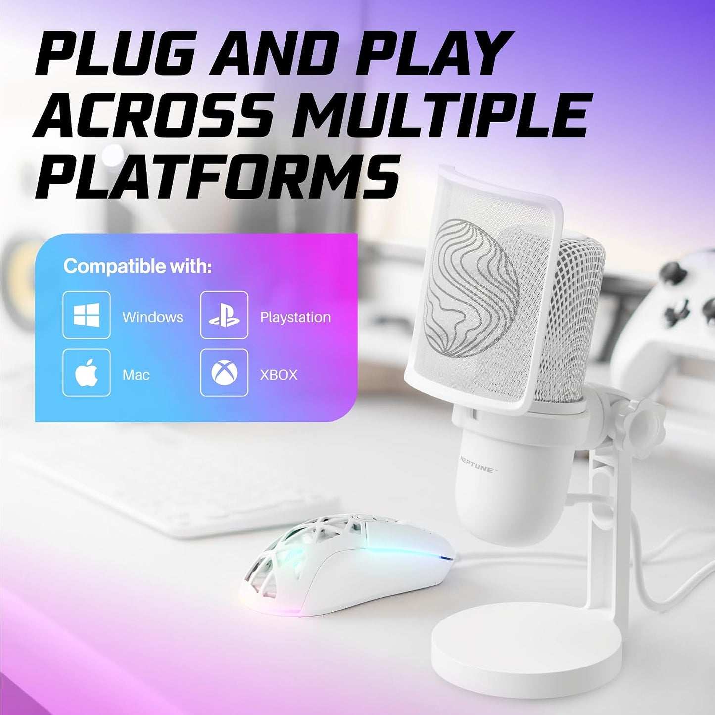 Neptune Sonus Gaming Microphone | Streaming Mic With Pop Filter for Vocal Clarity | Desktop Mic for Streaming, Gaming, Recording, & Podcast | PC Microphone With Type-C to USB Cable (White)