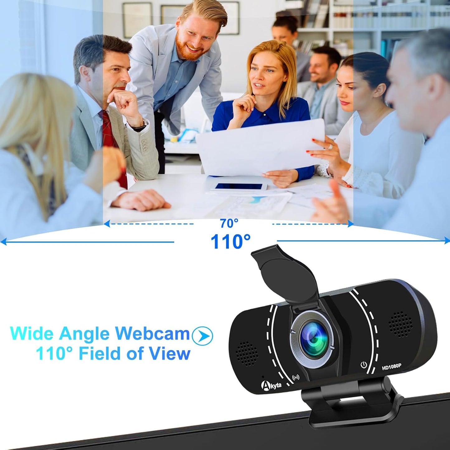 Akyta Webcam for PC, 1080P Webcam with Microphone/Tripod/Privacy Cover/Wide Angle 110°, Plug & Play USB Web Camera for Desktop Computer PC Laptop Mac Video Calling/Streaming/Zoom Conference ﻿