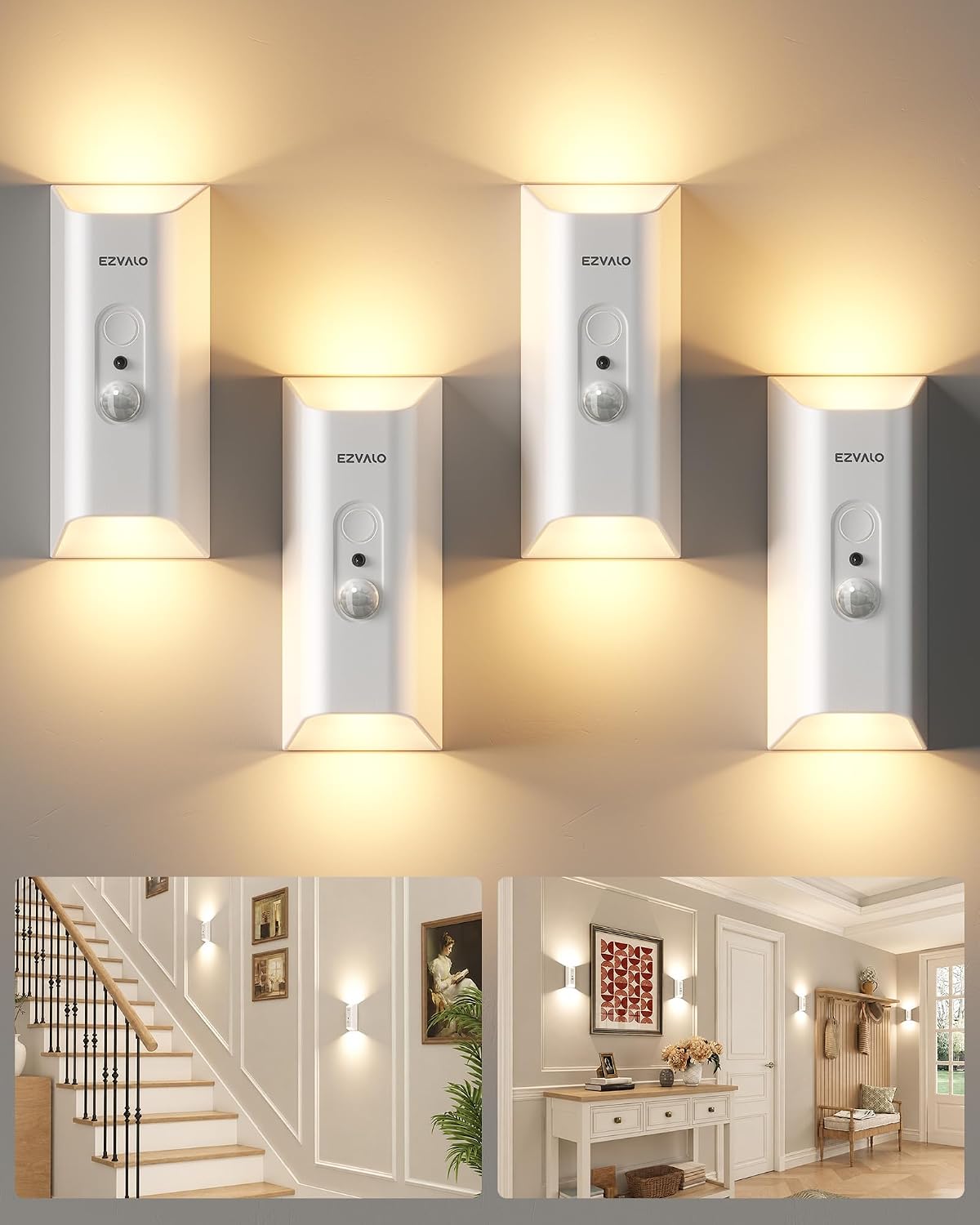 EZVALO Motion Sensor Wall Light with Remote Control, Wireless Wall Lamp, 3 Color Temps, Dimmable, Magnetic, LED Indoor Rechargeable Wall Sconce, 4000mAh, for Hallway, Stair, Bedroom, Renters