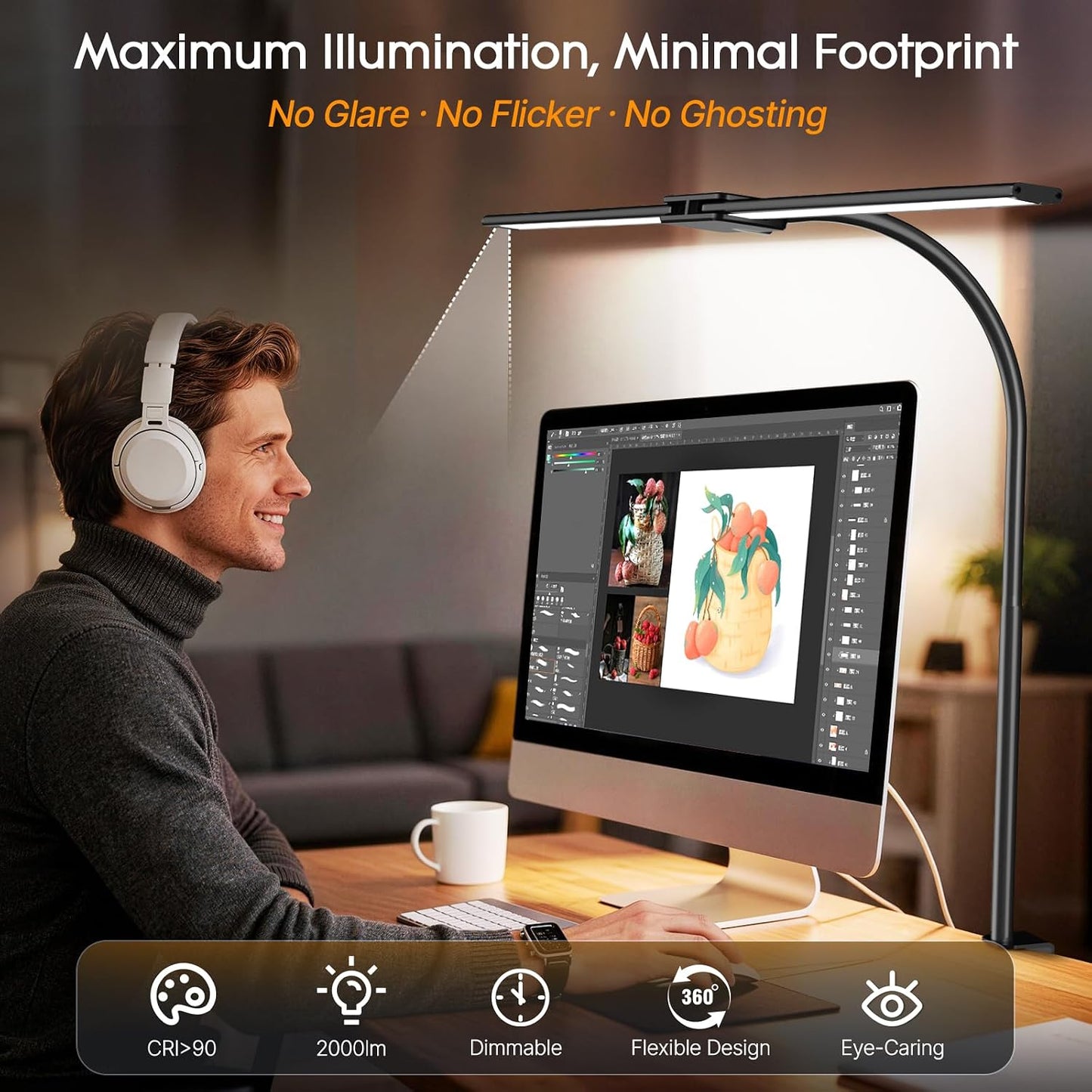 Syrinx LED Desk Lamp with Clamp, Dual Head Eye-Caring Architect Desk Lamp | Adjustable Swing Arms & Flexible Gooseneck, 50 Lighting Modes, Memory & Timer, Gesture & Wired Control for Office & Crafting