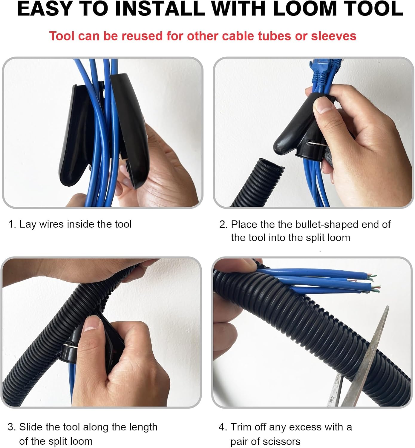 25FT - 1/2 Inch Split Wire Loom with Installation Tool - Black | Easy to Install, Flame-Retardant, Abrasion-Resistant Wire Cover for Automotive, Home & Office