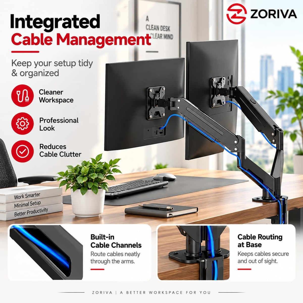 Dual Monitor Arm Full Motion Gas Spring Desk Mount for 17-32" Screens, Space-Saving VESA Stand for Gaming, Work, and Productivity