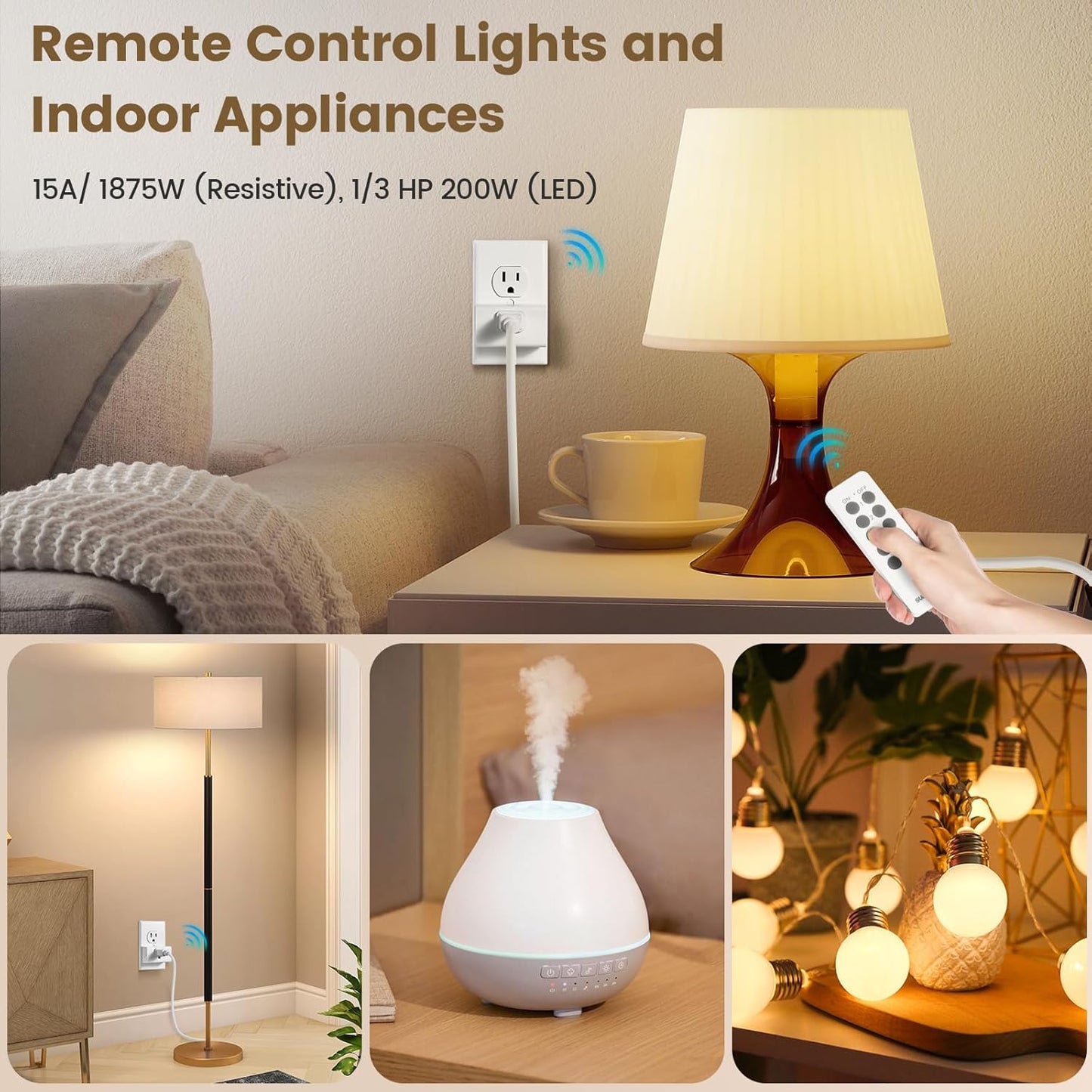 SURAIELEC Remote Control Outlet, Wireless Light Switch - 5 Outlets + 2 Remotes, 15 AMP, 100FT Range, No Interference, Remote Light Switch Kit for Lamp, Fan, Christmas Tree Light, Household Appliance