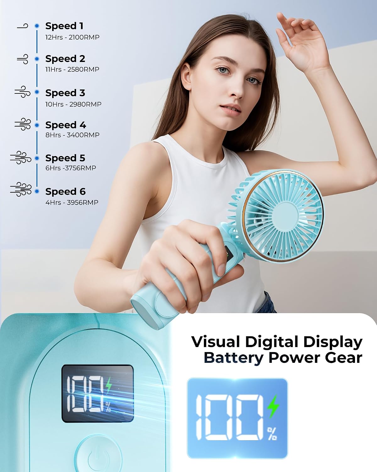 TUNISE Portable Handheld Fan, 4000mAh, 180 Adjustable, 6 Speed Wind, USB Rechargeable Foldable Fan with Real-Time Electricity Display