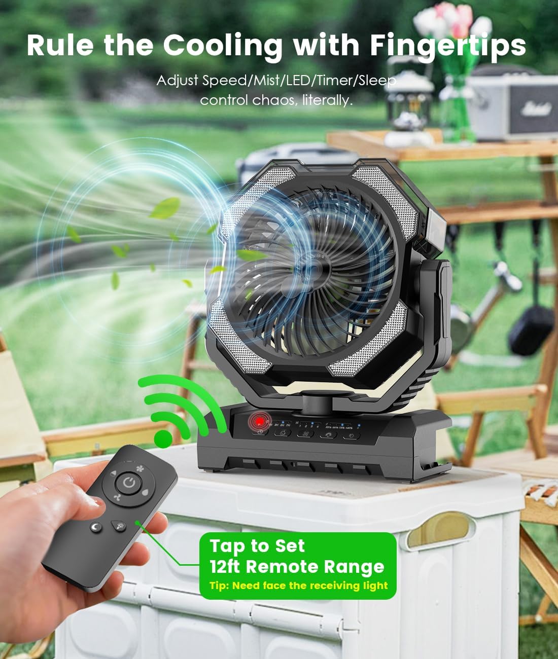 Camping Misting Fan, 24000mAh Portable Battery Powered Fan with Mist, Light | 9oz Water Tank, 2 Mode Last 5H Mister, Rechargeable, 120H Cooling, 4 Speeds, Sleep Mode, for Outdoor Gear, Travel Essentials